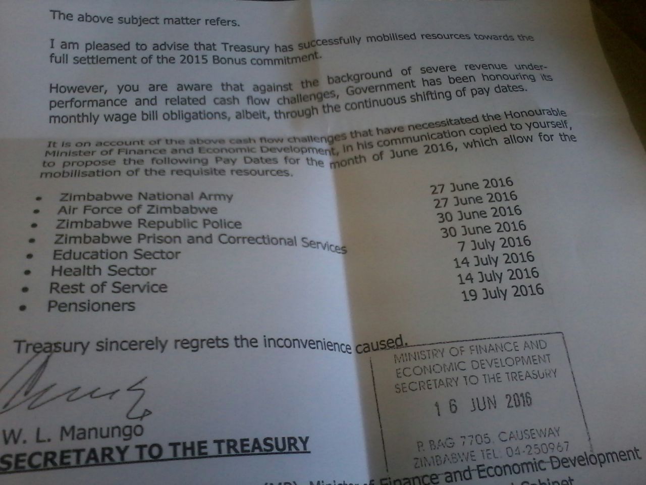 Treasury Letter